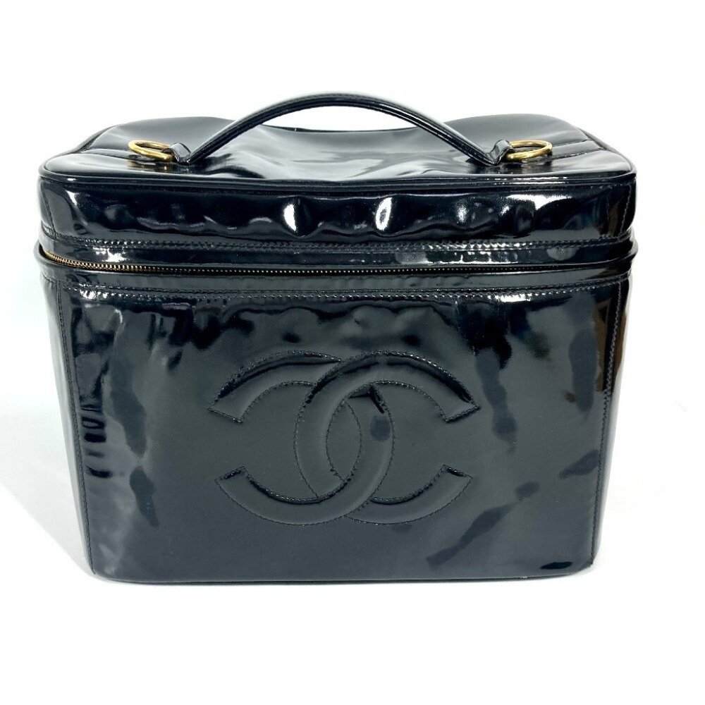 CHANEL vintage CC Vanity Bag 2WAY Shoulder Bag Hand Bag Patent Leather Black